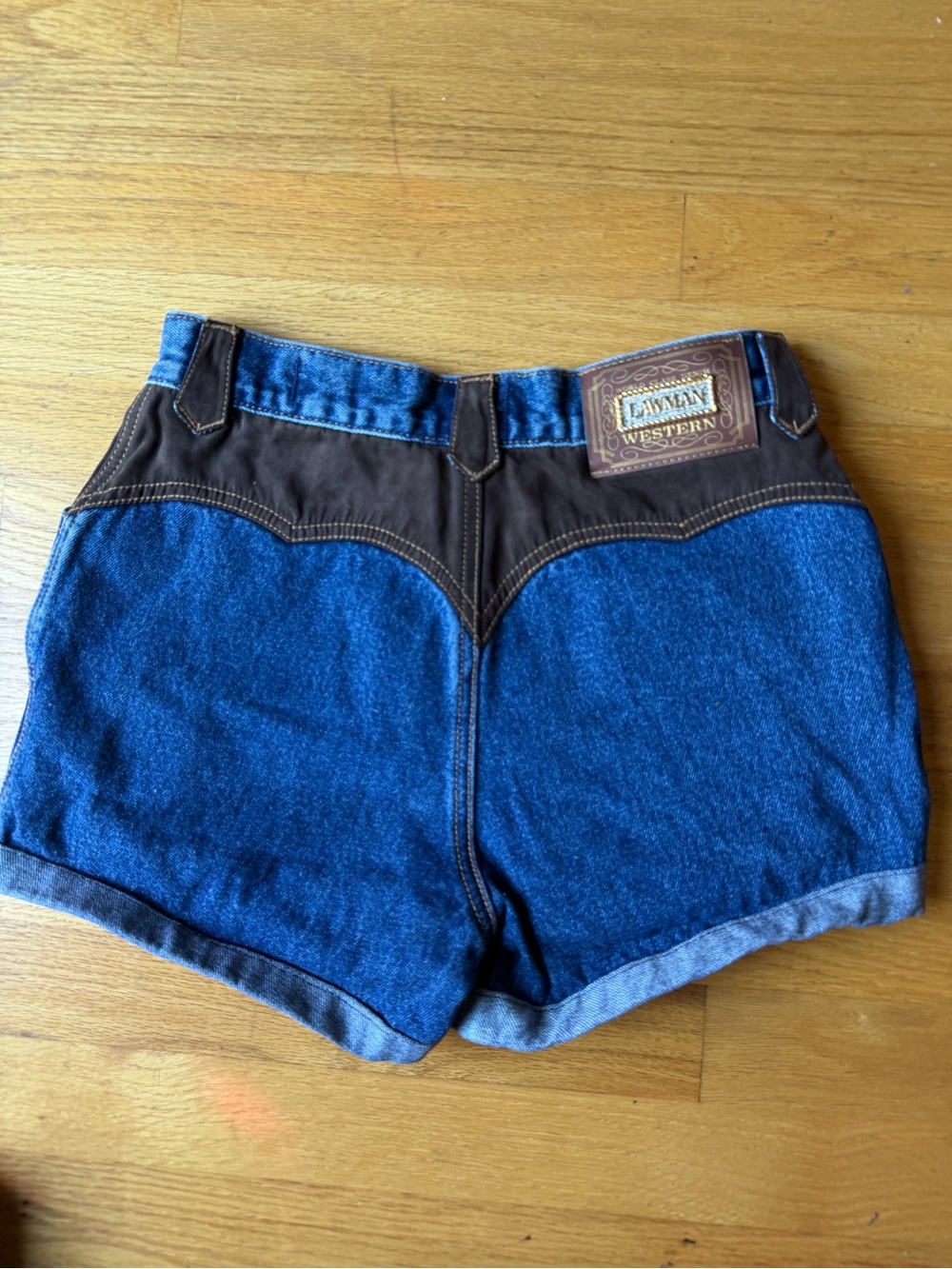 Vintage Lawman Western shorts blue jean brown faux suede pockets Sz 3 XS. - Picture 4 of 7